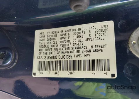2003 Honda Element Dx из США, поврежденный, VIN 5J6YH18213L001355